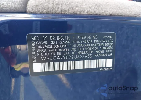 2002 Porsche Boxster z USA, uszkodzony, nr VIN WP0CA29892U623935